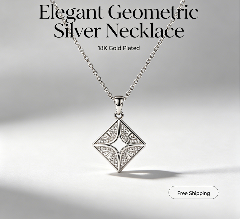 Elegant Geometric Starburst Silver Necklace – 18K Gold Plated Dainty Pendant Necklace with Sparkling CZ, Minimalist Jewelry Gift for Women