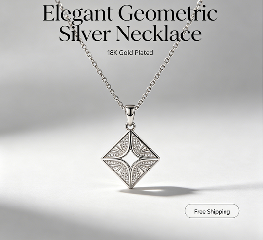 Elegant Geometric Starburst Silver Necklace – 18K Gold Plated Dainty Pendant Necklace with Sparkling CZ, Minimalist Jewelry Gift for Women