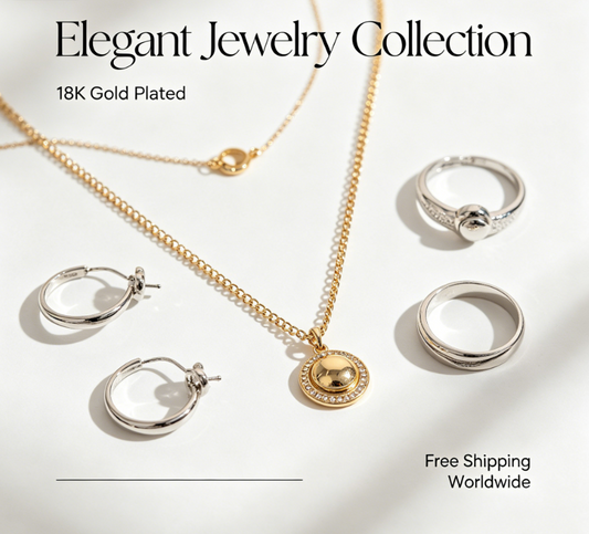 Elegant 18K Gold Plated Jewelry Collection – Layered Necklaces, Hoop Earrings & Stackable Rings, Minimalist Mixed Metal Set for Women
