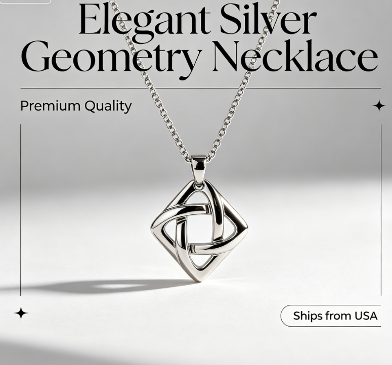 Elegant Silver Geometry Necklace – Celtic Knot Inspired Interlocking Square Pendant, Hypoallergenic Minimalist Jewelry for Women, Ships from USA