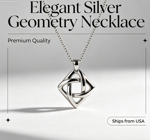 Elegant Silver Geometry Necklace – Celtic Knot Inspired Interlocking Square Pendant, Hypoallergenic Minimalist Jewelry for Women, Ships from USA