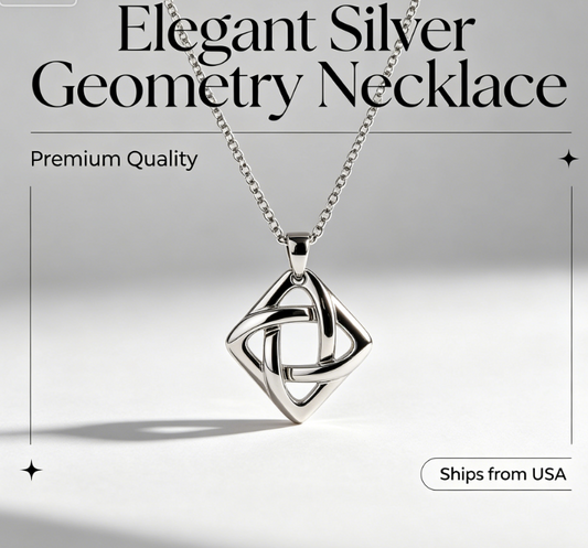 Elegant Silver Geometry Necklace – Celtic Knot Inspired Interlocking Square Pendant, Hypoallergenic Minimalist Jewelry for Women, Ships from USA