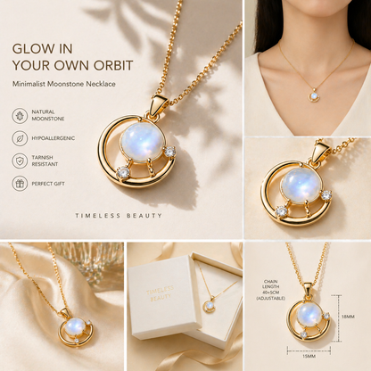 Minimalist Moonstone Orbit Necklace for Women – 14K Gold Plated, Hypoallergenic, Dainty Everyday Jewelry Gift
