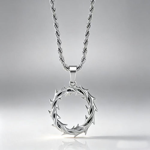 new trendy thorny circle pendant necklace, street-style stainless steel braided chain with a sophisticated look
