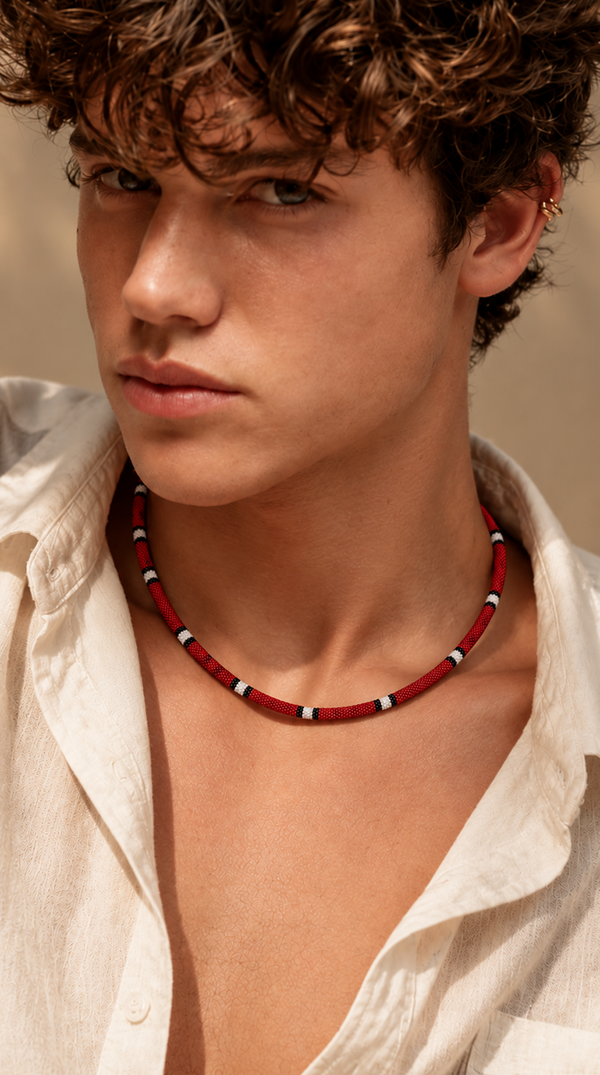 Woman wearing a crimson serpent necklace