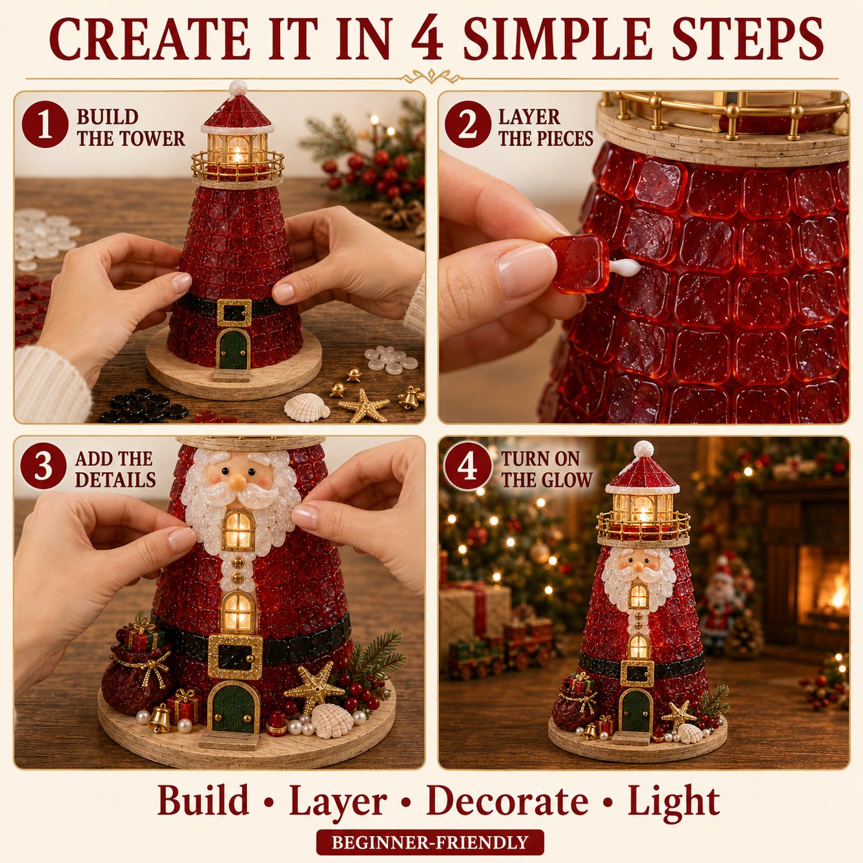 🎅 2026 Christmas Gift --🎄Beginner-Friendly DIY Lighted Christmas Character Sea Glass-Style Lighthouse Kit Collection | Complete Kit with Sea Glass-Style Pieces, LED Lights & Step-by-Step Guide Included 💕