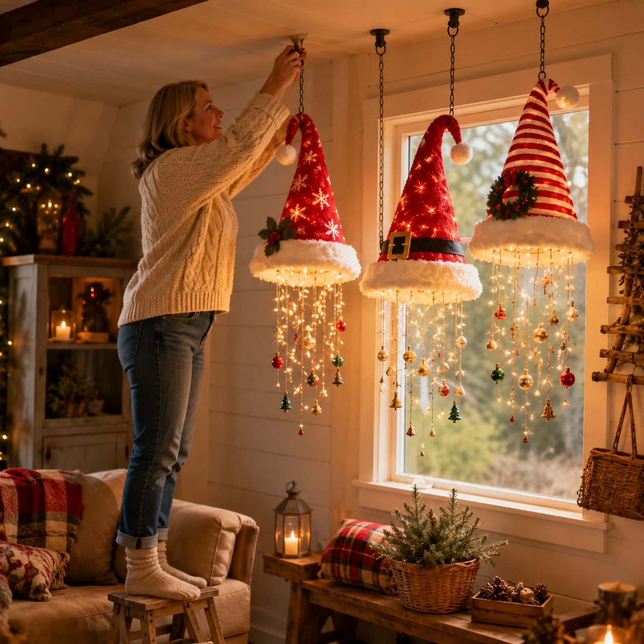 🔥Today 49% OFF🎅 Lighted Santa Hat Hanging Chandelier 🎄
