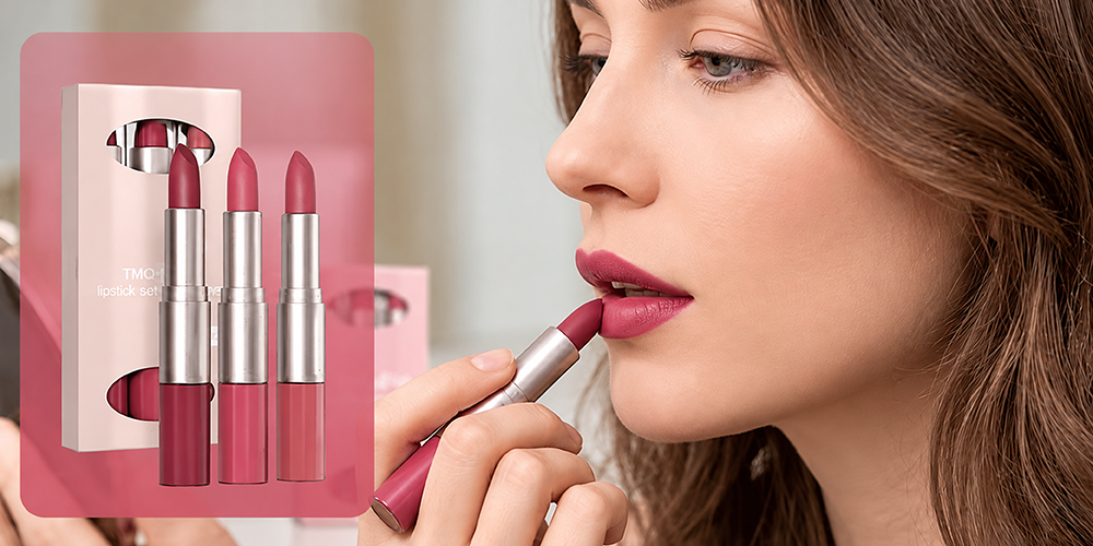 Dual ended lipstick applied to lips