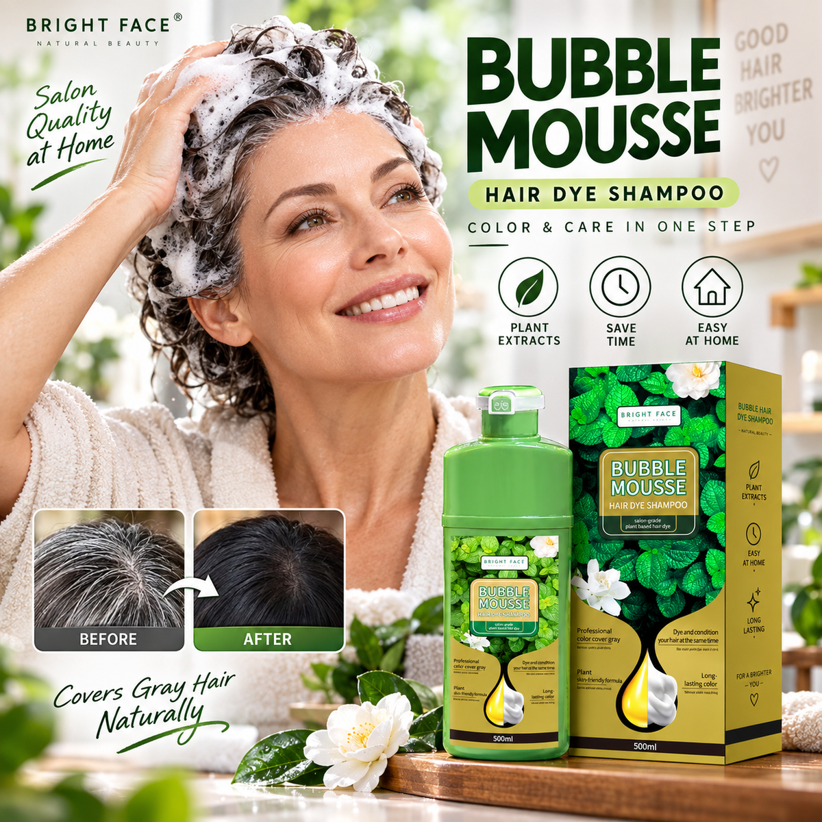 💞Black Friday Sale 50% OFF!!💇‍♀️💈Long-Lasting Plant-Based Bubble Mousse Hair Dye Shampoo, Gentle At-Home Gray Hair Coverage🛡️👍