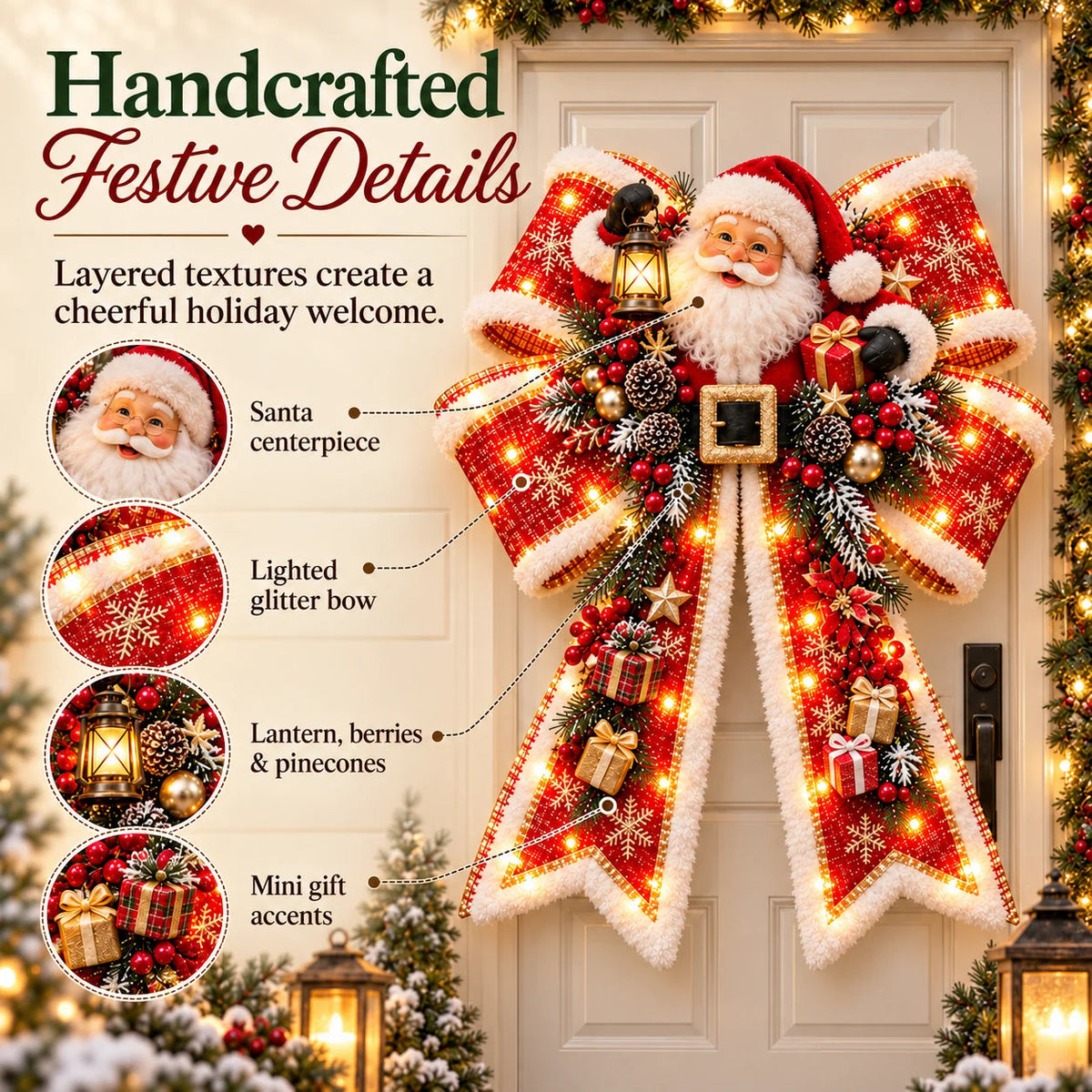 📌🎄 Christmas Magic Bow Door Hangers – Oversized Light-Up Holiday Bows in 6 Festive Styles🎀