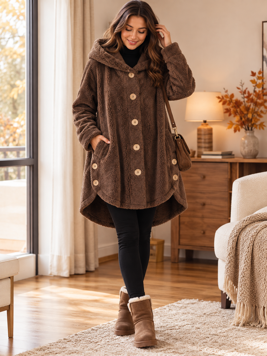 Women’s Cozy Plush Hooded High-Low Coat